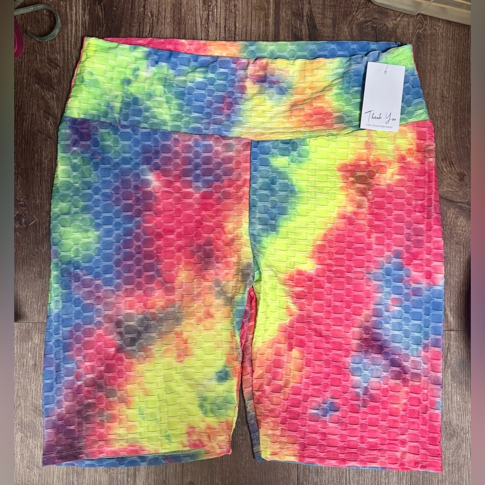 NEW! Zenana Outfitters Neon Tie Dye Textured Honey Butt Workout Shorts 3XL